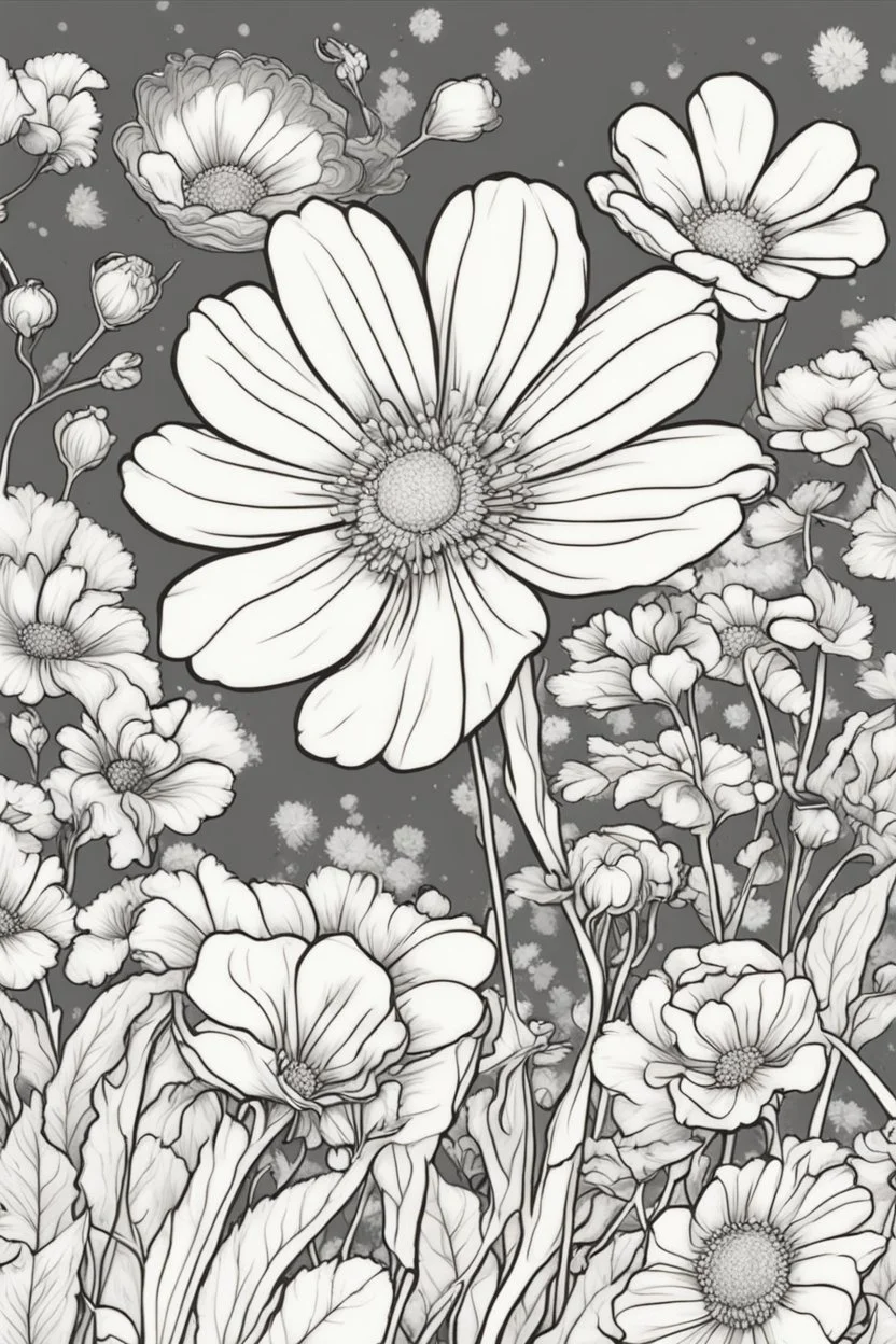 flowers coloring page for kids, cosmos, cartoon style, thick outline, low details, no shading, no color