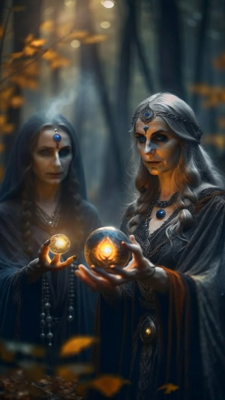 close up portrait of merciless medieval countess and her creepy sister in big eyed trance, delicate hands holding fire ball portal, full moon, swirly mist,autumn wind, performing arcane invocation ritual of smoke demon with immense power on luminous stone altar in dark forest grove, shot on Hasselblad h6d-400c, zeiss prime lens, bokeh like f/0.8, tilt-shift lens 8k, high detail, smooth render, down-light, unreal engine, prize winning