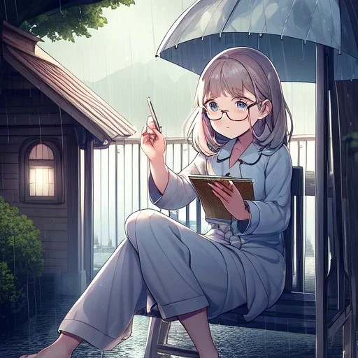 anime girl writing with a pencil in her hand in a book sitting on a porch swing of a very old house in the rain, wearing pajamas,wearing glasses, rain and raindrops