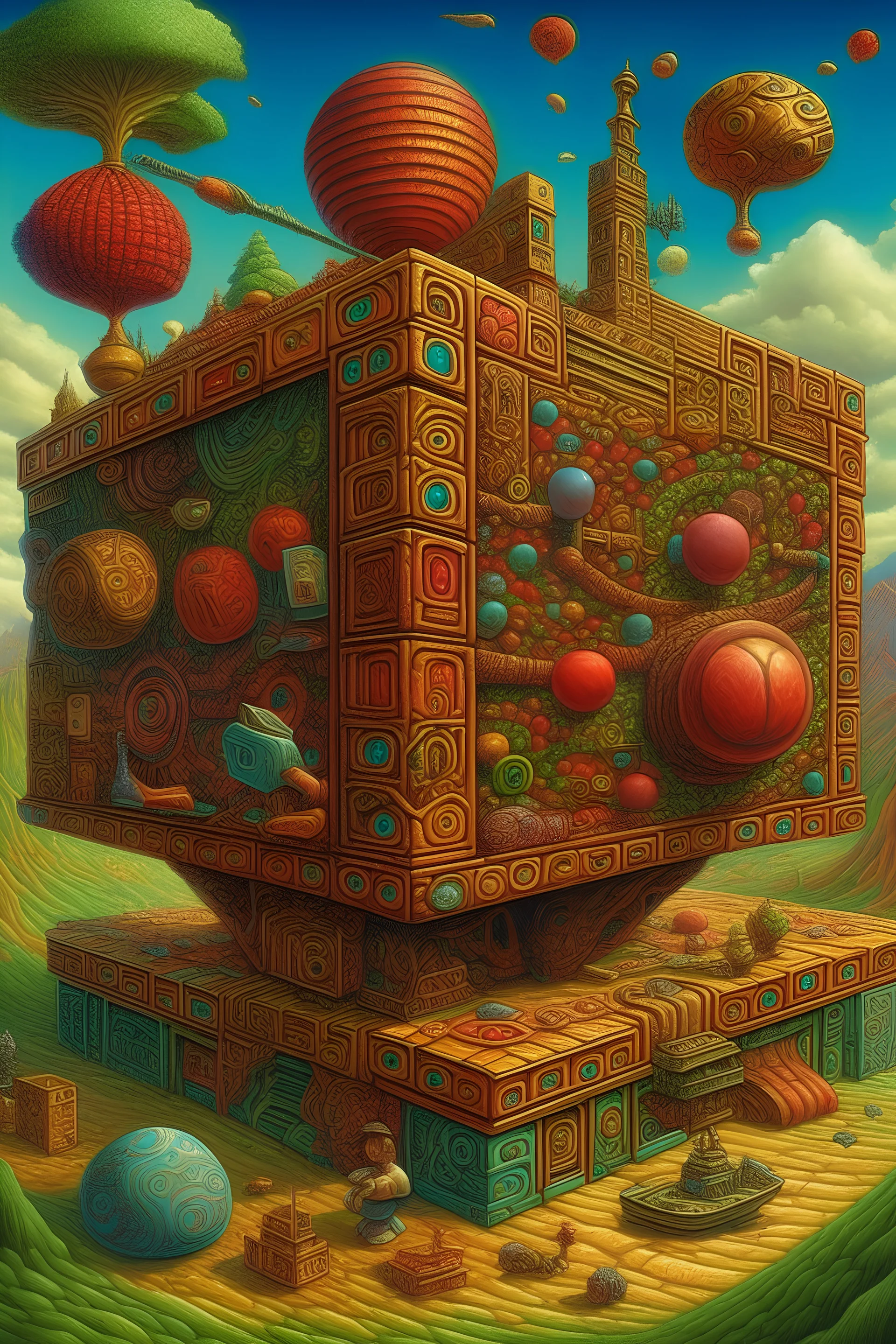 A mesmerizing cubo-futuristic detailed image depicting an otherworldly assemblage art scene featuring intricate patterns art style by Michael Hutter, Jacek Yerka, Don Mcpharlin, RHADS, ARTGERM and Wayne Barlow rendered in a surreal style, with the artwork showcasing a highly detailed and godsend-like quality, resulting in a visually breathtaking masterpiece that seamlessly combines elements of 3D rendering and digital art to evoke a sense of wonder and awe, making it a true standout on platforms