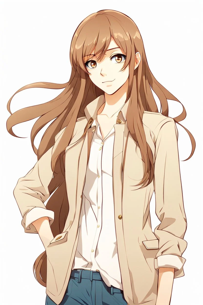 attractive anime woman with brown long hair, modern clothes, full body in frame