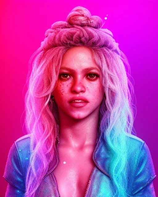 portrait, Shakira, blonde artist, Realistic image, drinking a strawberry milkshake, pink line make-up, sweat, fog, goddess style, Neon colors, leds. Color background, photo studio, concept art, smooth, unreal engine 5, god lights, ray tracing, RTX, lumen lighting, ultra detail, volumetric lighting, 3d, finely drawn, high definition, 4k.