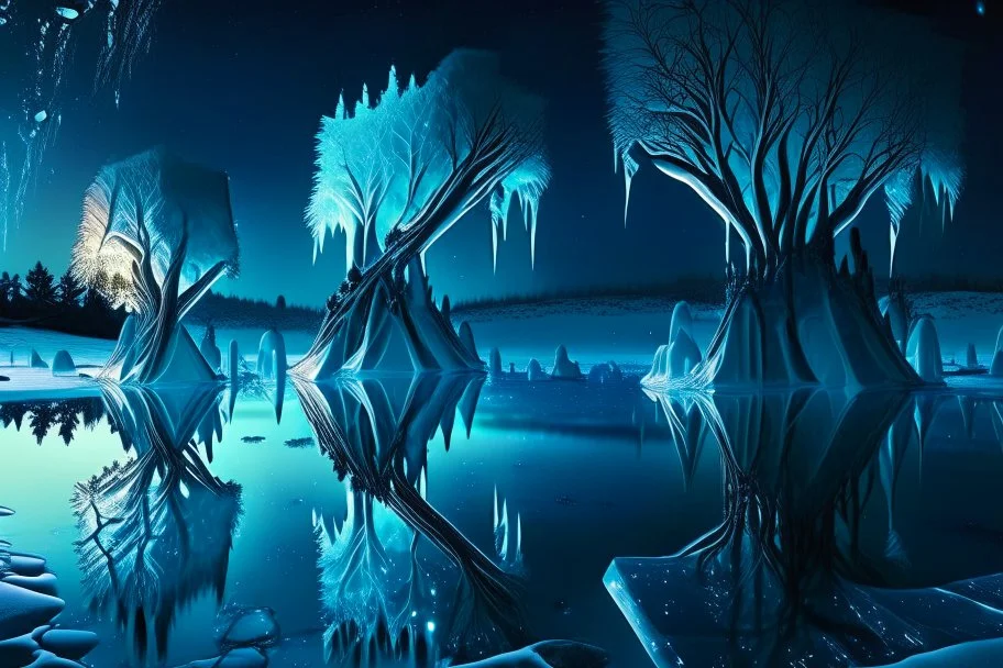 Ice blocks near one tree, night, lagoon reflection, sci-fi, epic,