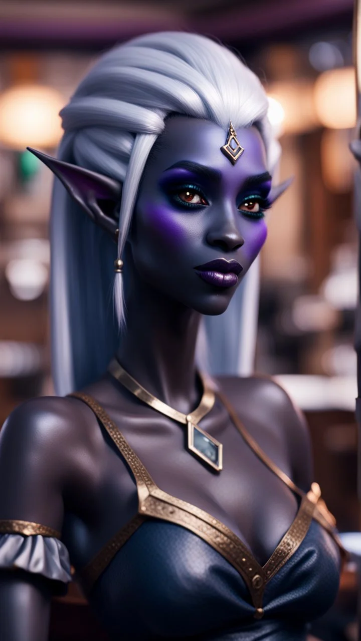 portrait of dark elf drow princess chilling at the barber shop,bokeh like f/0.8, tilt-shift lens 8k, high detail, smooth render, down-light, unreal engine, prize winning