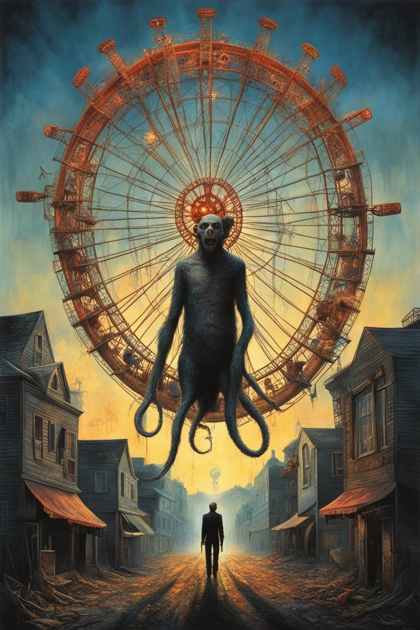 Modern horror Movie poster for text "PLAYING DEAD" layout by Drew Struzan, style of Zdzislaw Beksinski and Dariusz Klimczak, surreal carnival materializes in small New Hampshire town, rickety Ferris wheel spinning out of control, giant devil monkey spirit rules over all, eerie, uncanny, ghastly surreal horror, double exposure effect, dark colors, dramatic, text: "PLAYING DEAD"