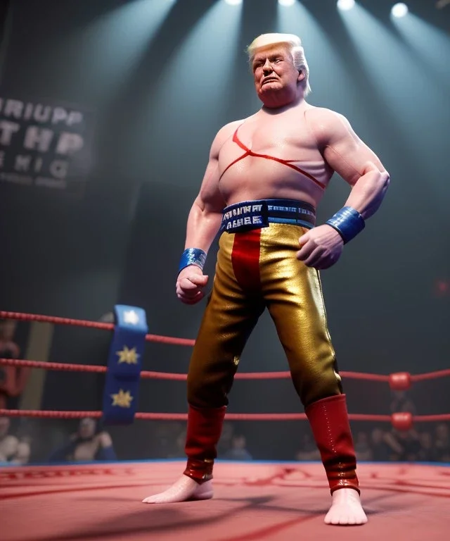 Donald trump fighter wrestling, naked torso, color breeches, suspenders, retro style, 80s, hot ambient, photo studio, red, gold, vibrant color, gradient, highly detailed, art stations, concept art, smooth, unreal engine 5, god rays, ray tracing, RTX, lumen lighting, ultra detail, volumetric lighting, 3d, finely drawn, high definition, high resolution.