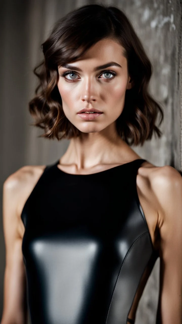 beautiful anorexic secretary, total shot, short shiny grey triathlon swimsuit, short brunette wavy bob hair, blurred concrete background, standing