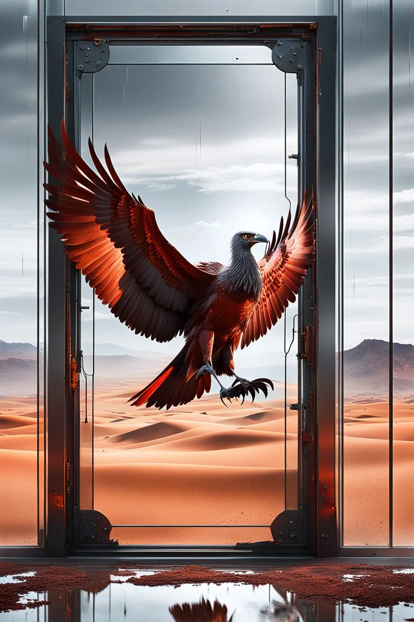 vibrant digital artwork featuring a rusty red mechanical vulture made of scrap metal stepping through an arafed damaged glass door with frame standing ajar, in middle of desert, surreal backdrop, translucent gray afterimages, thin glass panes and wires, amazing reflections, amazing verticals, dramatic, dynamic, double exposure, negative space, liminal space, anxiety vibe, background is blend of gray tones and random splinter glitch fragments in cobalt blue and yellow, unnerving atmosphere