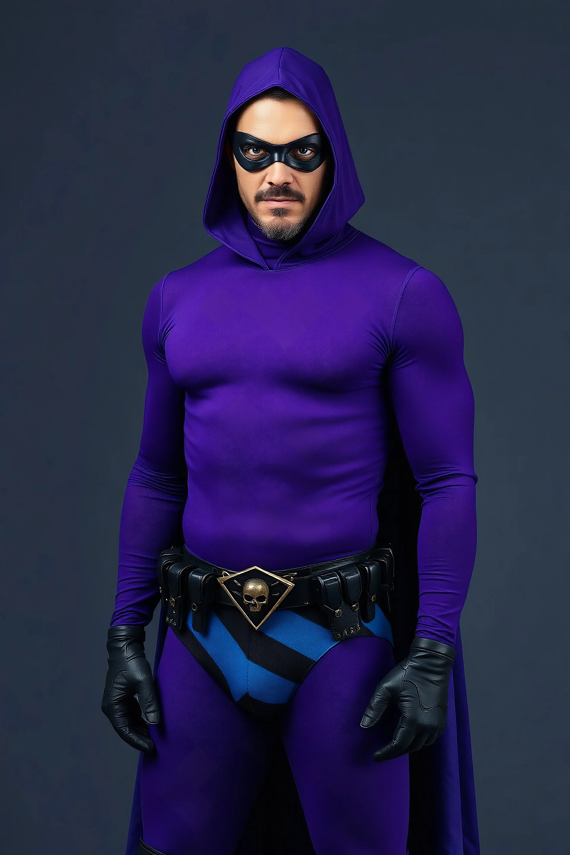 full-length, A portrait of a the Phantom, a man with piercing blue eyes, a chiseled jaw, goatee, timeless face, stern expression, Wearing a tight fitting purple cotton hero suit with a cowl that fits tight to his head, but does not cover his face, he wears a thin, black leather, bandit eye disguise over his eyes, black and blue diagonally striped trunks, dual-holstered pistol belt adorned with a triangle skull-shaped buckle with leg straps, Knee-high black leather boots