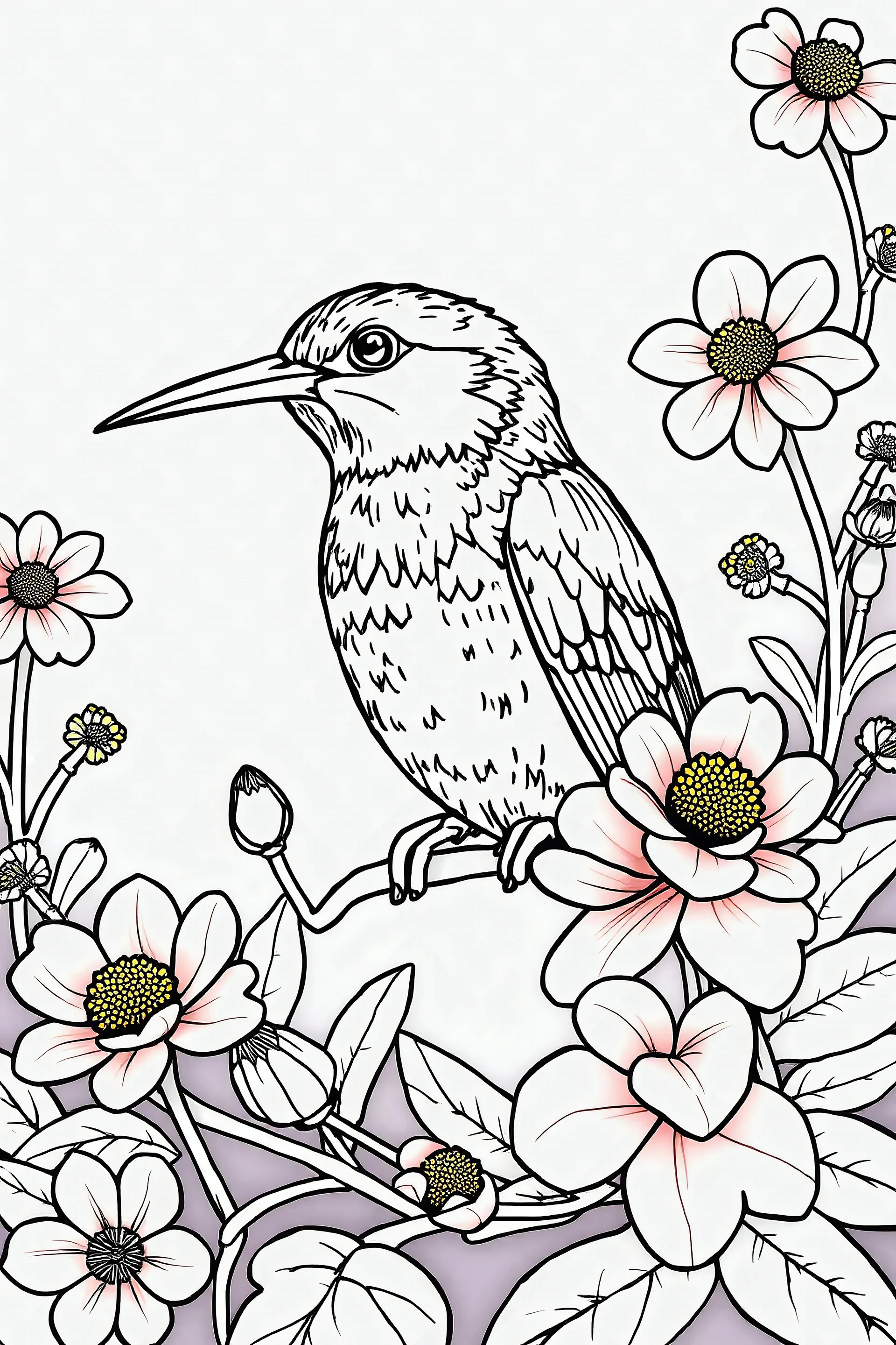 coloring bird detailed naturalistic with thik line and flowers in blooming as background