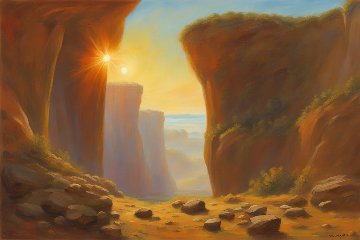 sunny day, planet in the sky, rocks, cliffs, sci-fi, friedrich eckenfelder impressionism paintings