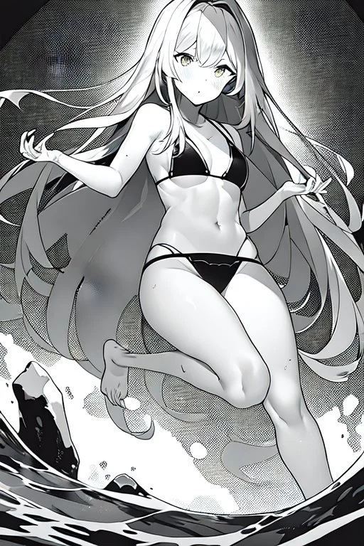 bikini long hair thin girl with leg in abyss pool, greyscale, cool pose, screen tones