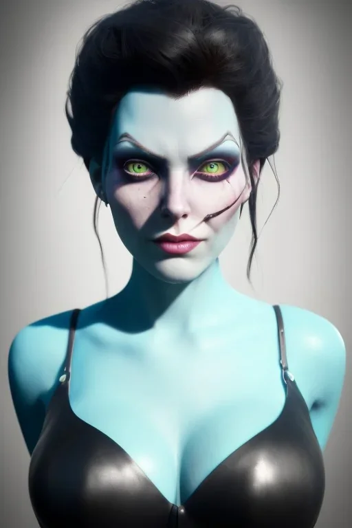 Lene Nystrøm as evil queen in black leather, busty, cleavage, voluptuous, Aqua Lene, angry, stern look. character design by cory loftis, fenghua zhong, ryohei hase, ismail inceoglu and ruan jia. unreal engine 5, artistic lighting, highly detailed, photorealistic, fantasy