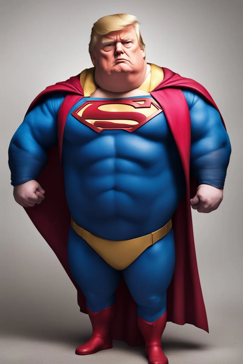 morbidly obese superman with donald trump's head and his belly hanging out