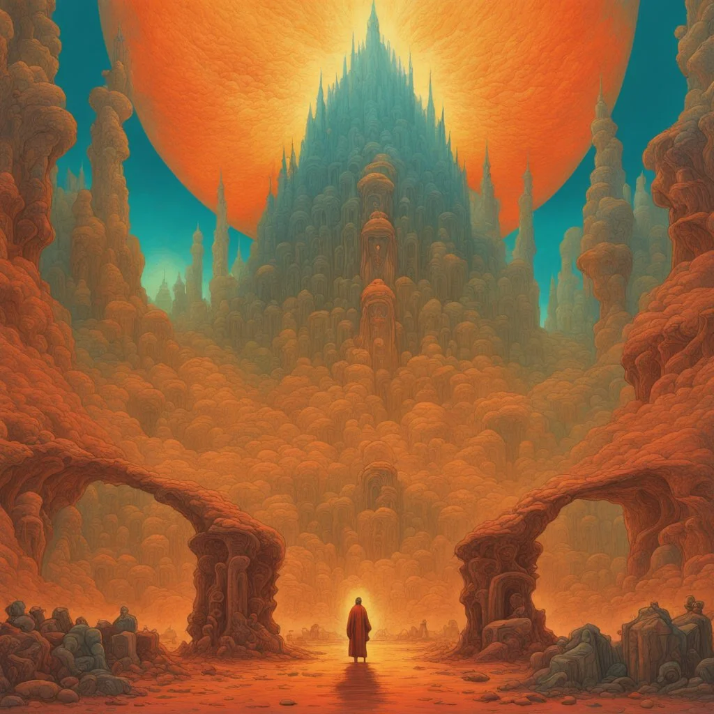 Occult explosion taking place in the postmodern world, Starmartyr, expansive smooth maximalist composition, by Daniel Merriam, by zdzislaw Beksinski, colorful, cel-shading, smooth, volumetric lighting.