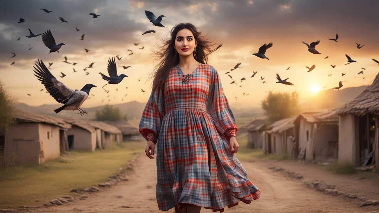 Hyper Realistic Young-Happy-Pashto Women wearing checkered-patterned dress in a village at cloudy sunset with birds flying with dramatic ambiance