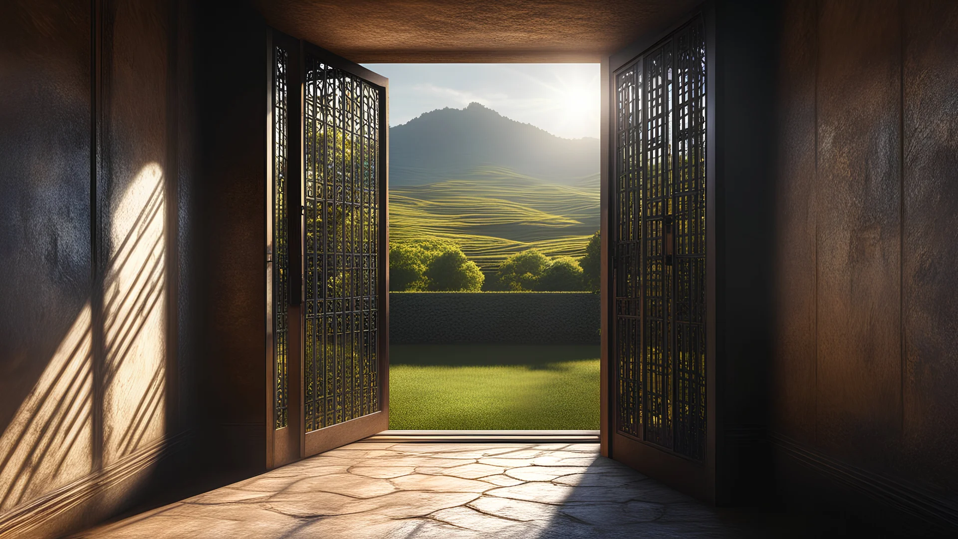 Interior of a dark dismal prison cell, looking out through an open cell door into gardens and distant hills in bright sunshine and freedom. Exquisite composition, beautiful detailed intricate detailed octane render, 8k artistic photography, photorealistic, perfect light, chiaroscuro, award-winning photograph, masterpiece