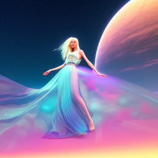 Full body white woman with legs, long blond hair, blue eyes, pink and blue dress in a galactic ambiance, delicate colors in the foreground, full of details, smooth, light effect，vaporwave colorful, smooth, extremely sharp detail, finely tuned detail, ultra high definition, 8 k, unreal engine 5, ultra sharp focus