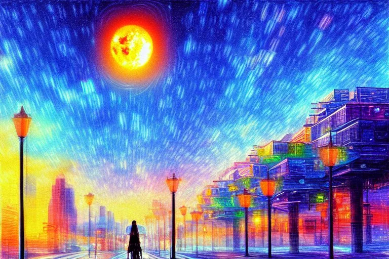 Epic futuristic street, exoplanet in the sky, impressionism painting