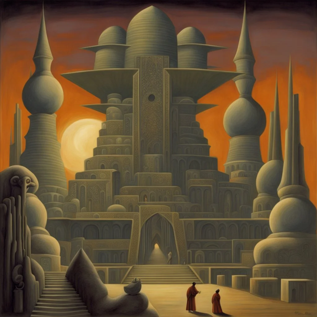 art by "John T. Biggers", painting, landscape , Feigned The Palace Beyond Good and Evil, at Dawn, Illustration, Hopeless, 70s Science Fiction, Provia, overly complex style