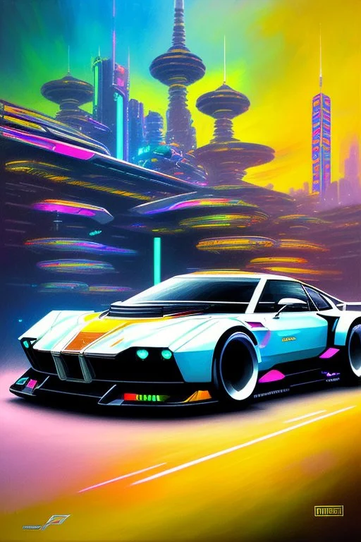 futuristic supercar, hand draw urbansketch art style inspired by Marta Vilarinho de Freitas, flat, vector illustration, urban sketch cyberpunk 2099 blade runner 2049 neon neo-impressionism expressionist style oil painting, smooth post-impressionist impasto acrylic painting, thick layers of colourful textured paint futuristic futurism noir