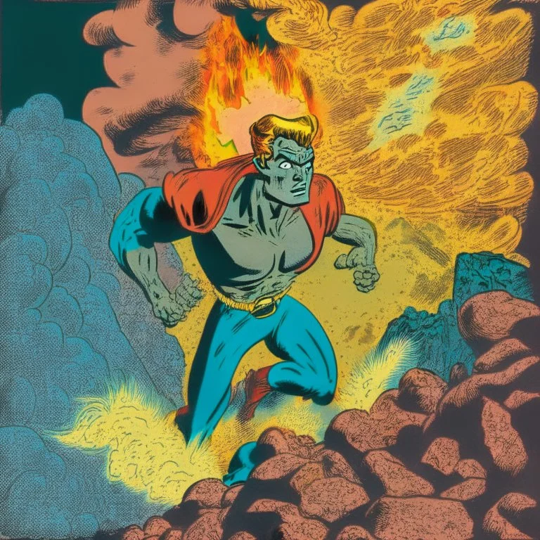 Un ladrón con poderes de telequinesia en un fondo de lava y volcán dibujado en un estilo de comic de 1960