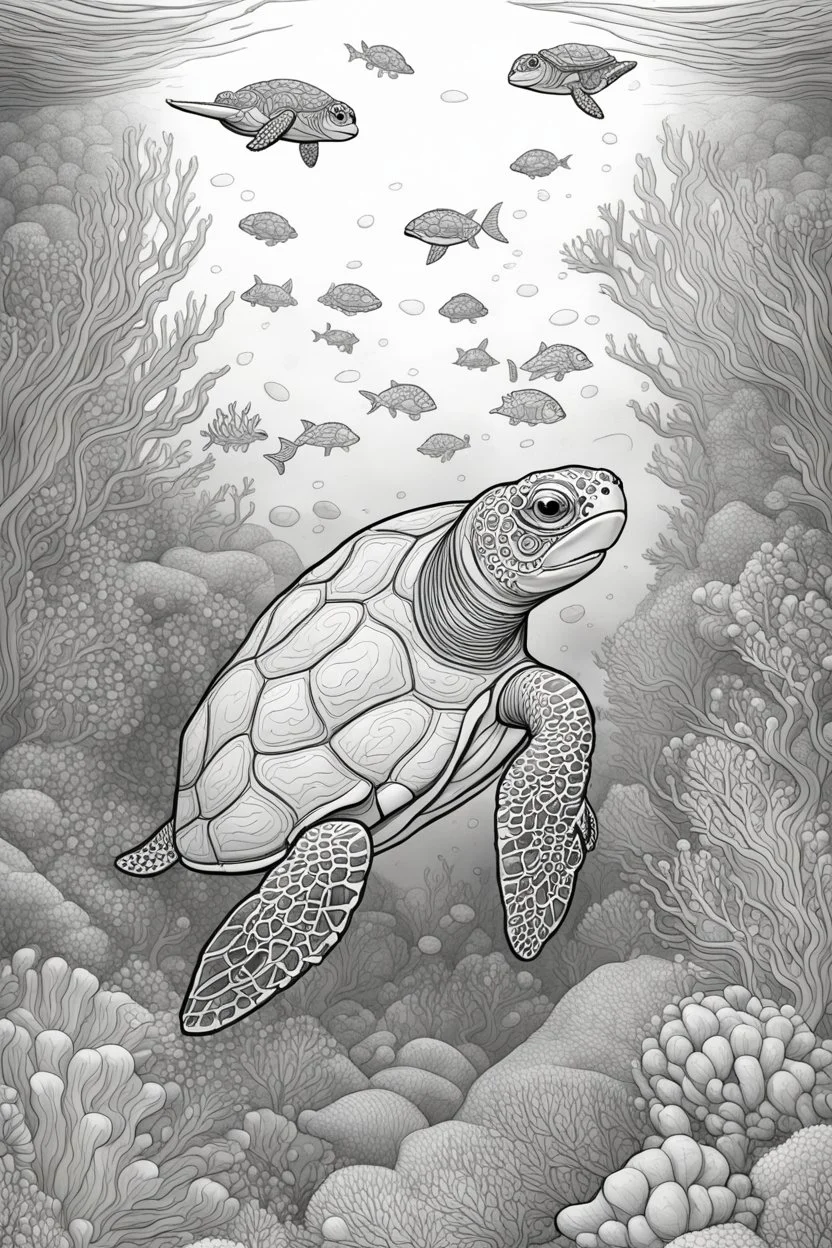 STRESS RELIEF themed coloring page for adult, cartoon style, thick outline, low details, no shading, no color, A serene underwater world with gliding sea turtles and coral