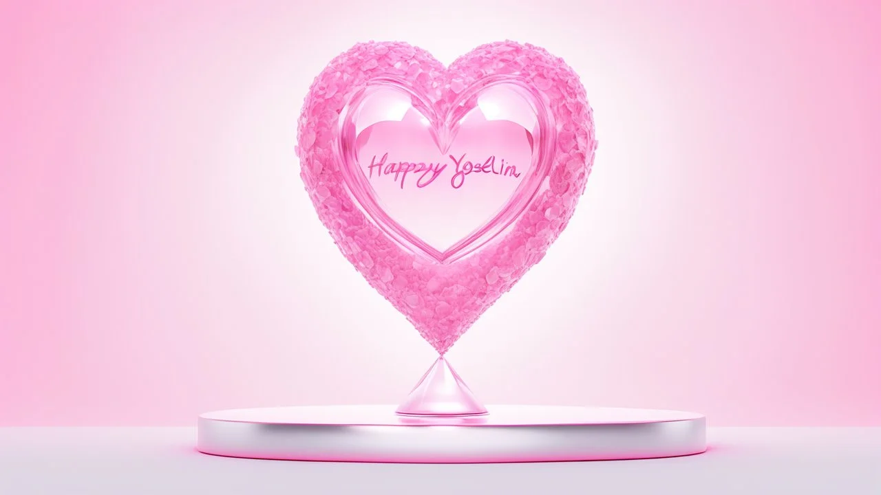 Un cautivador render en 3D de un corazón de cristal rosa brillante suspendido dentro del texto estilizado "Feliz Día Yoselin". El corazón está intrincadamente detallado, con una textura sutil que agrega profundidad y realismo. El texto es atrevido y moderno, con un toque de elegancia. El ambiente general de la imagen es romántico y futurista, con un toque de misterio