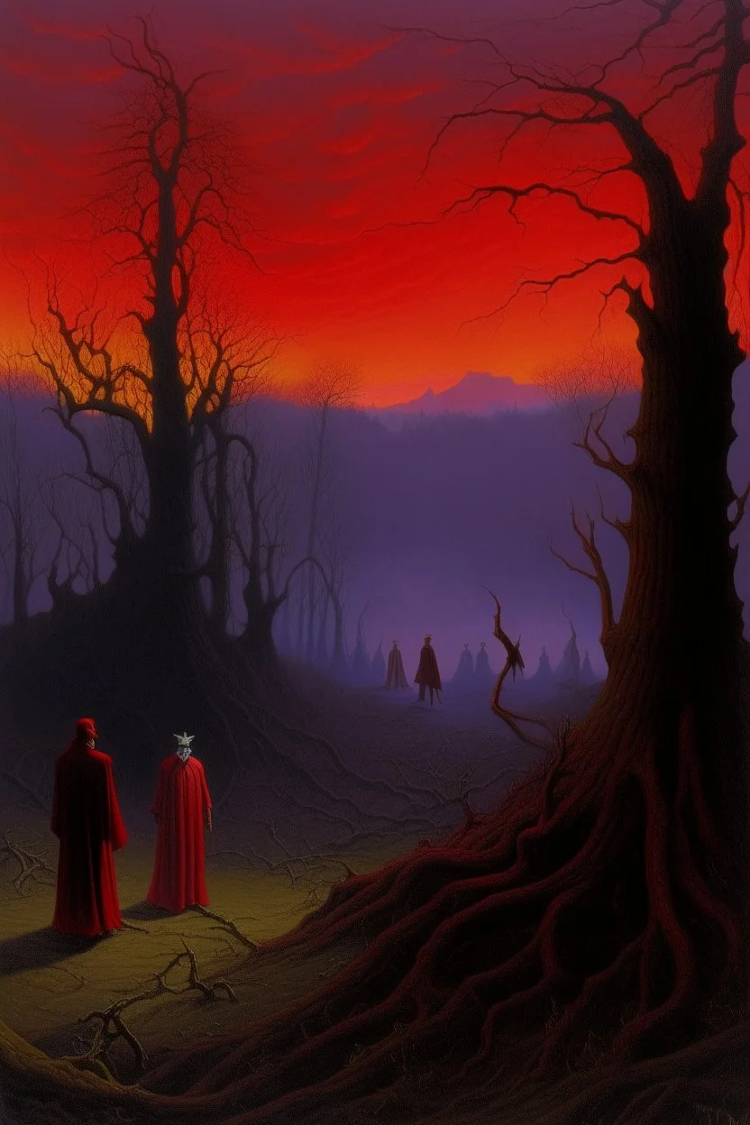 A violet red fiery demonic realm with ghosts painted by Caspar David Friedrich