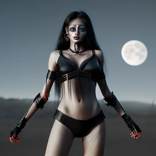 black long hair lady warrior top black eyes under the Moon