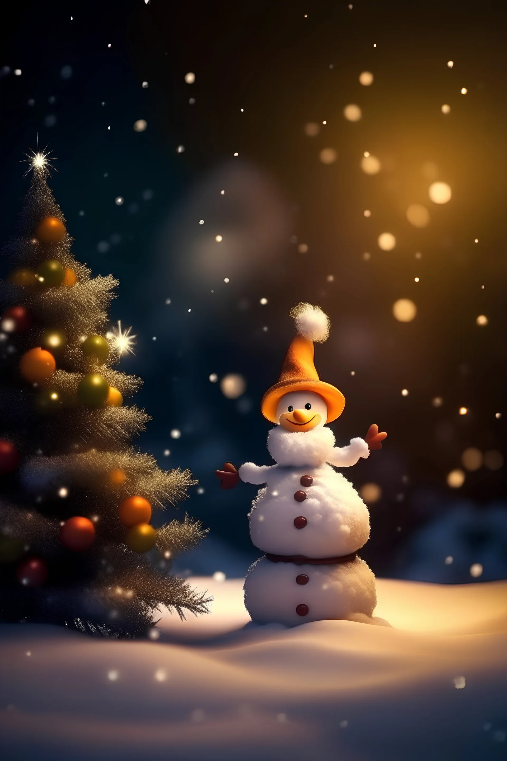 high quality, A magical image of a snowman,, where soft flakes gently fall from the sky. A majestic Christmas tree, adorned with twinkling lights, stands out in the scene. spreading Christmas joy. The gentle light from the stars and Christmas decorations creates a warm and enchanting atmosphere, capturing all the magic of Christmas.