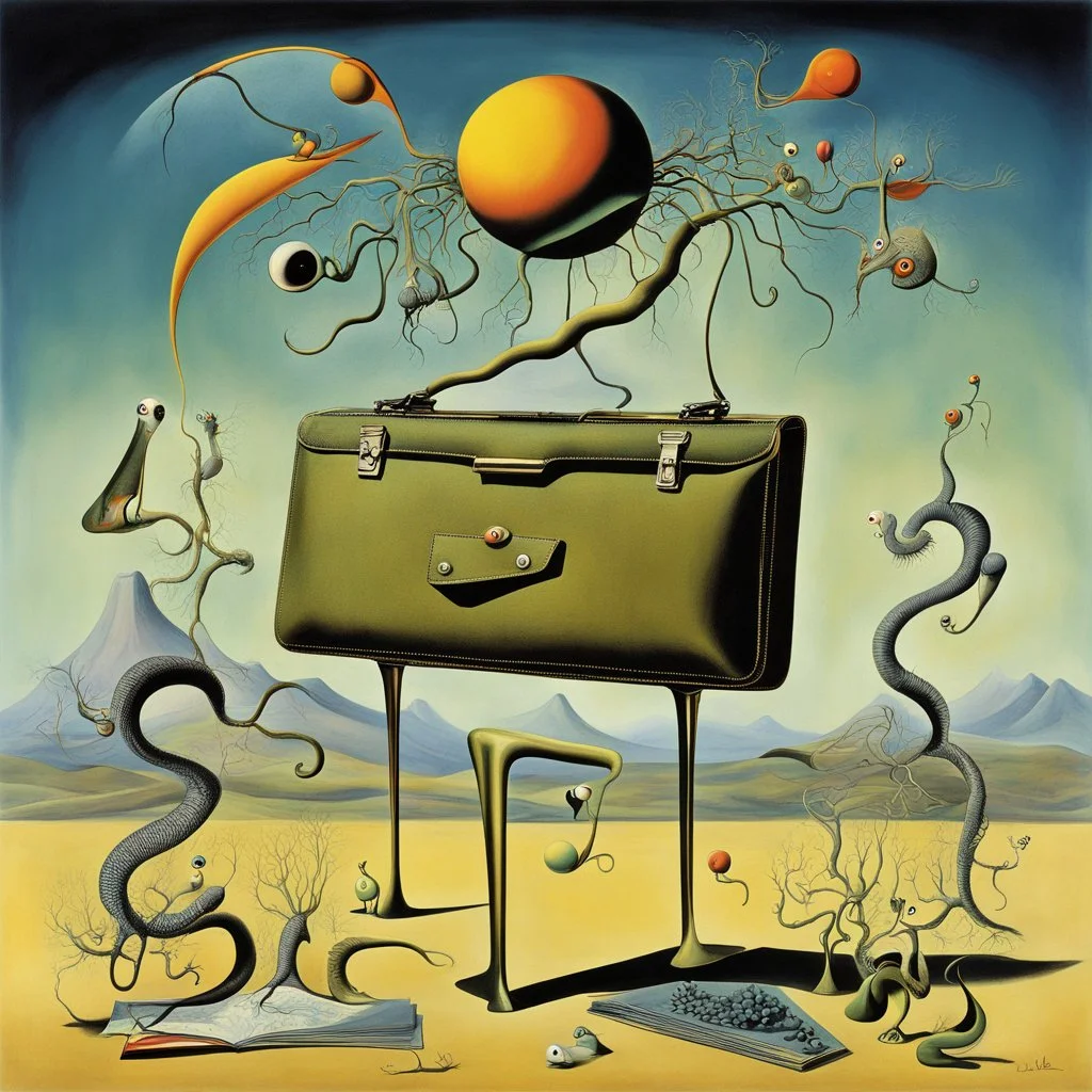 Enhanced surrealism, nightmare salesman's briefcase contrivances, unregulated absurdity, by Desmond Morris and Johfra Bosschart, mind-bending surreal double exposure image, zig-zag weirdlings, classic surreal elements, long legs, by Salvador Dali and Joan Miro