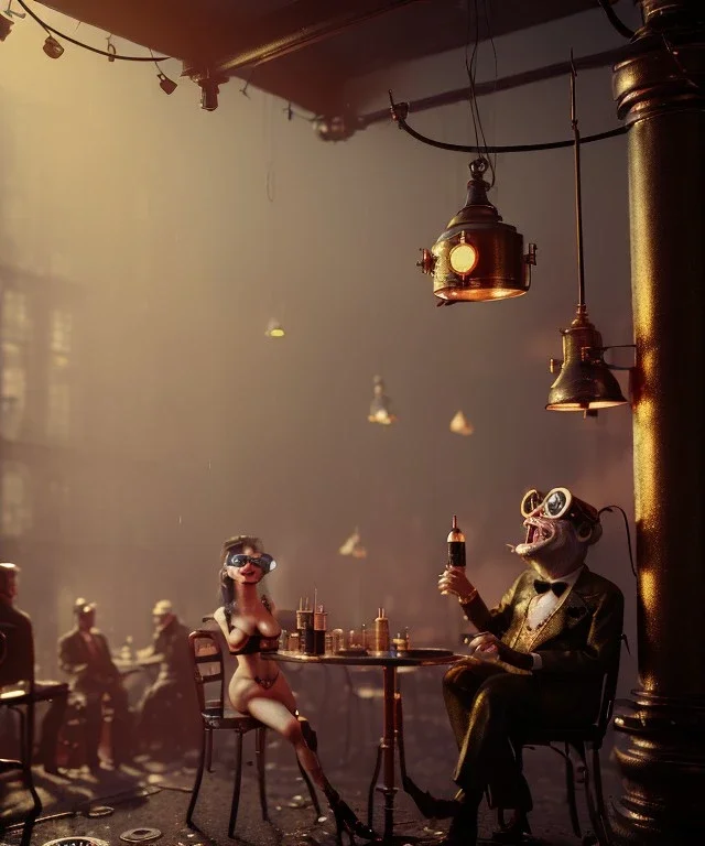 cabaret scene, steampunk. old man and little monkey, Sunglasses, rain, smoking, happy, hot. Many people background, highly detailed, concept art, unreal engine 5, god rays, ray tracing, RTX, lumen lighting, ultra detail, volumetric lighting, 3d, finely drawn, high definition, high resolution.