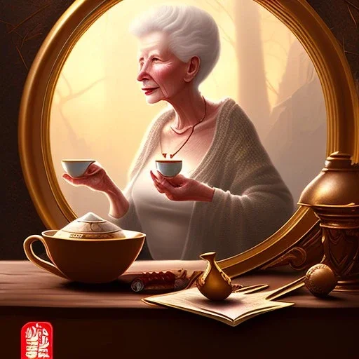 fantasy art, book cover, sexy old woman drinking tea under a smoking mirror