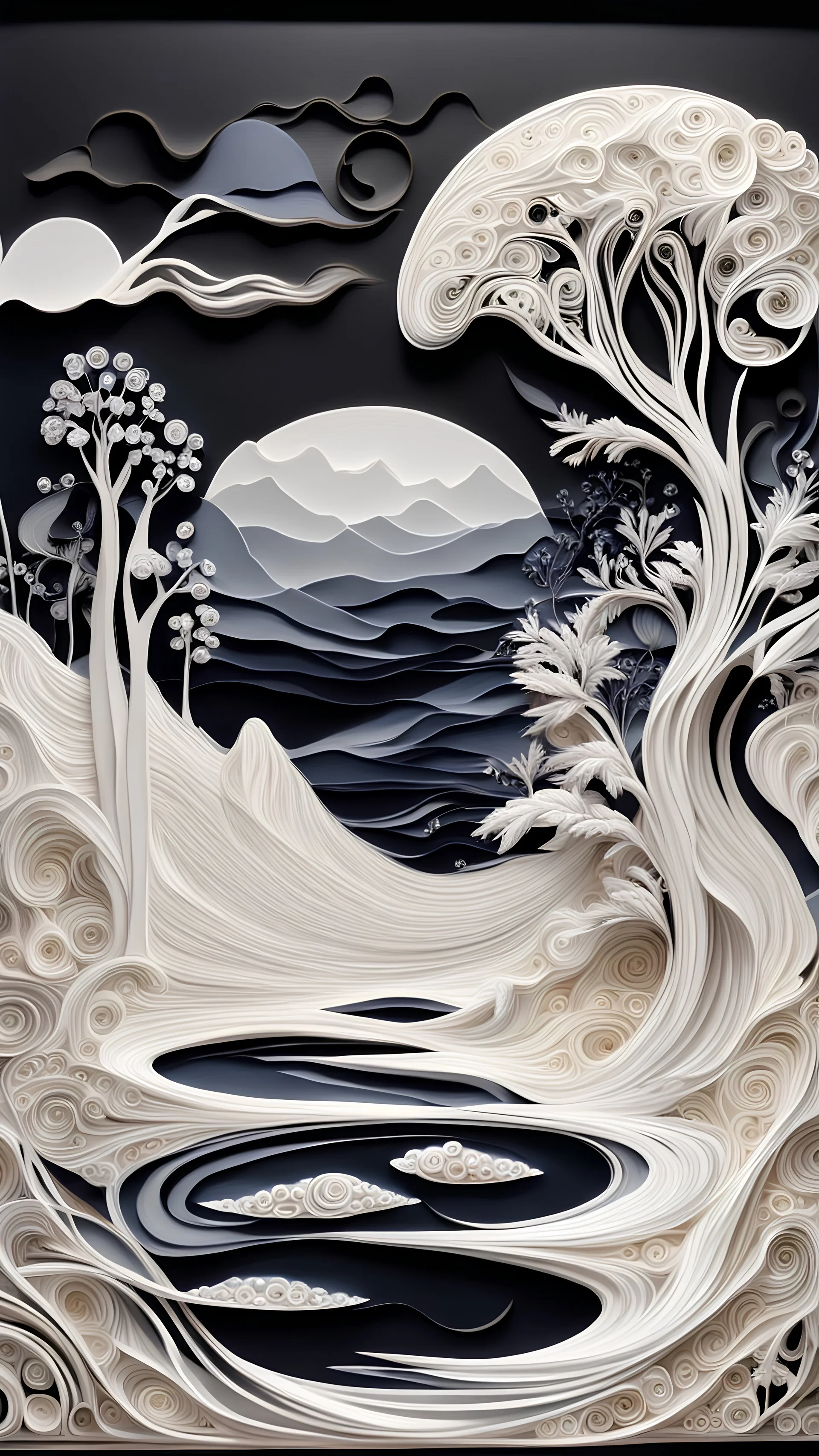 Beautiful white and dark quilled textured landscape. Surrealism, futuristic, aesthetic - full view no frame elegant extremely detailed fantasy intricate very attractive fantastic view crisp quality Picasso water colour John James Audubon