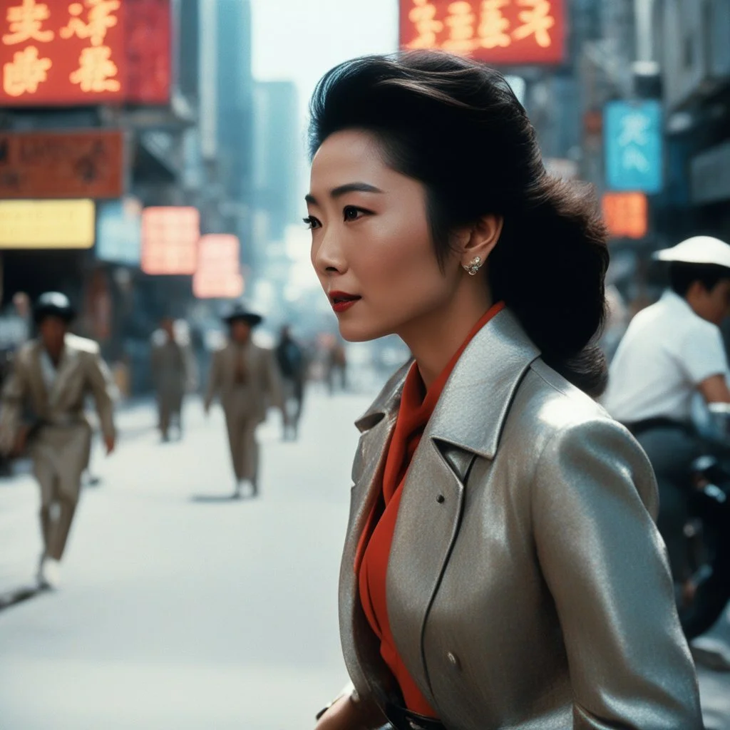 [vintage style noisy scratches glitches, Shot the texture and then rewound the film and double exposed the face] Michelle Yeoh walking in the streets of the Adventures of Buckaroo Banzai Across the 8th Dimension