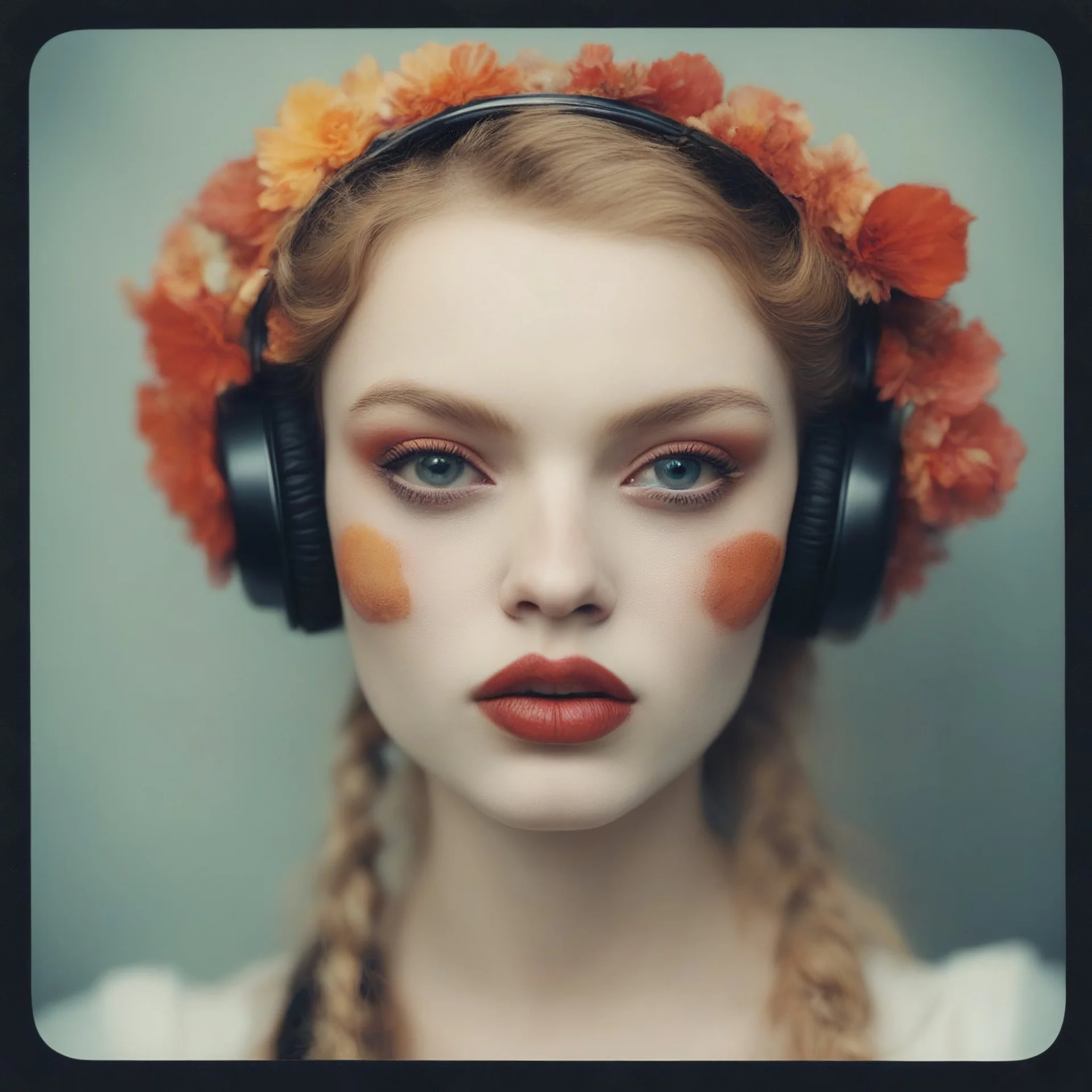 Grunge Polaroid head shot of doll faced frida gustavsson, orange pouty bee stung lips, red nose, hair adorned with tiny flowers, red cheeks and nose, headphone