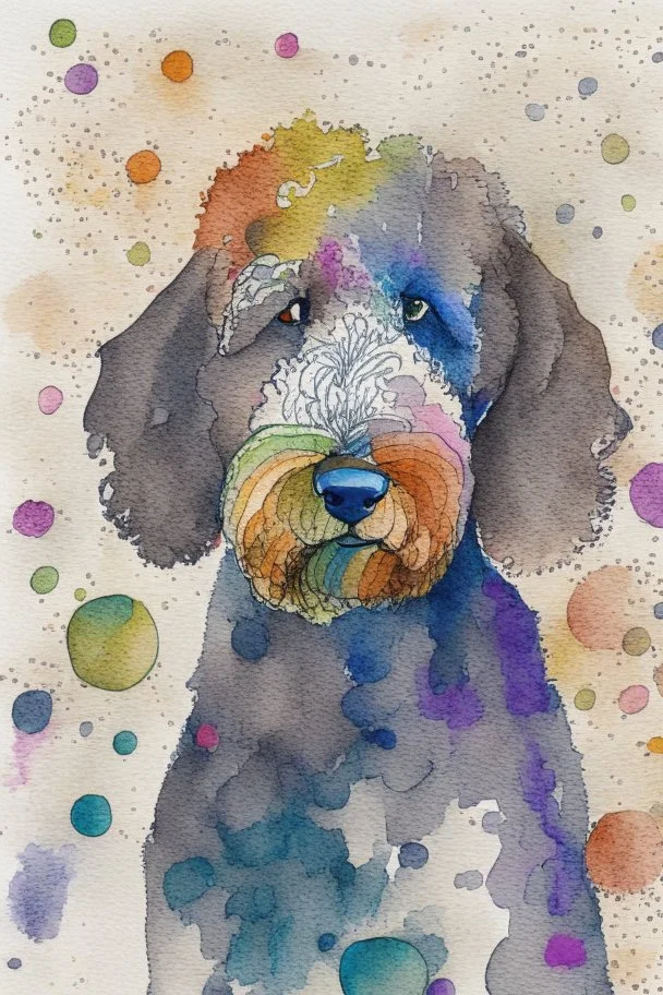 abstract watercolour of the head of bernadoodle dog in the style of paul klee with circles of colour and sketchy thin inky lines