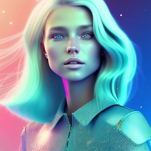  beautiful girl, smiling, longsand blonds hairs,blue eyes atmospheric, realistic, octane render,, pink turquoise light and stars