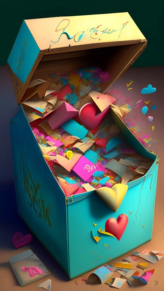 Open box stuffed with overflowing love letters, realistic, professional, art, detailed, vibrant colors.