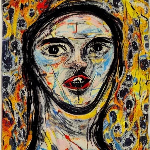 Portrait of a beautiful woman, complex, incomprehensible, 3D, voluminous, symmetrical, artistic, 4K, 8K, by Jackson Pollock, a live, real and natural work