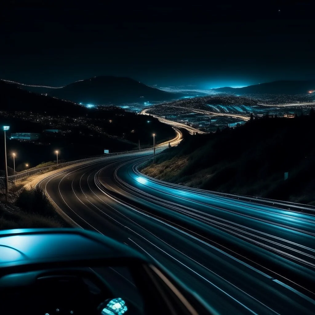 night time, a car dashboard lighting up, a dark mountain road in the windscreen, with a beautiful city in the distance, photo quality