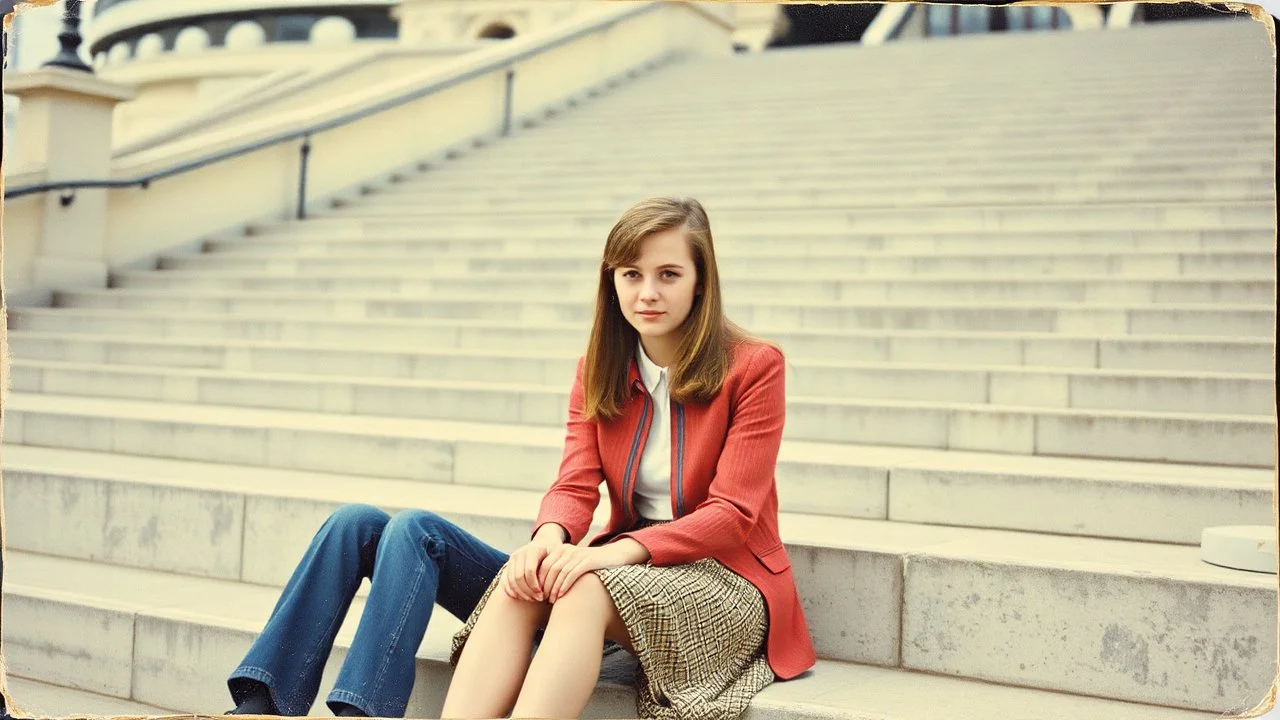 retro old photo of a young couple in 70s style clothes sitting on the lower steps of the Danube embankment in Budapest at Fővám Square, the photo is old, stained and scratched in some places, one corner of the photo is missing, the girl's and the boy's faces are blurry and not clearly visible, behind them are stairs