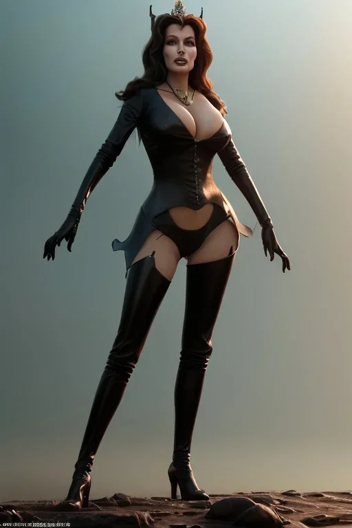 Raquel Welch as evil queen in black leather, leather, busty, cleavage, angry, stern look. character design by cory loftis, fenghua zhong, ryohei hase, ismail inceoglu and ruan jia. unreal engine 5, artistic lighting, highly detailed, photorealistic, fantasy