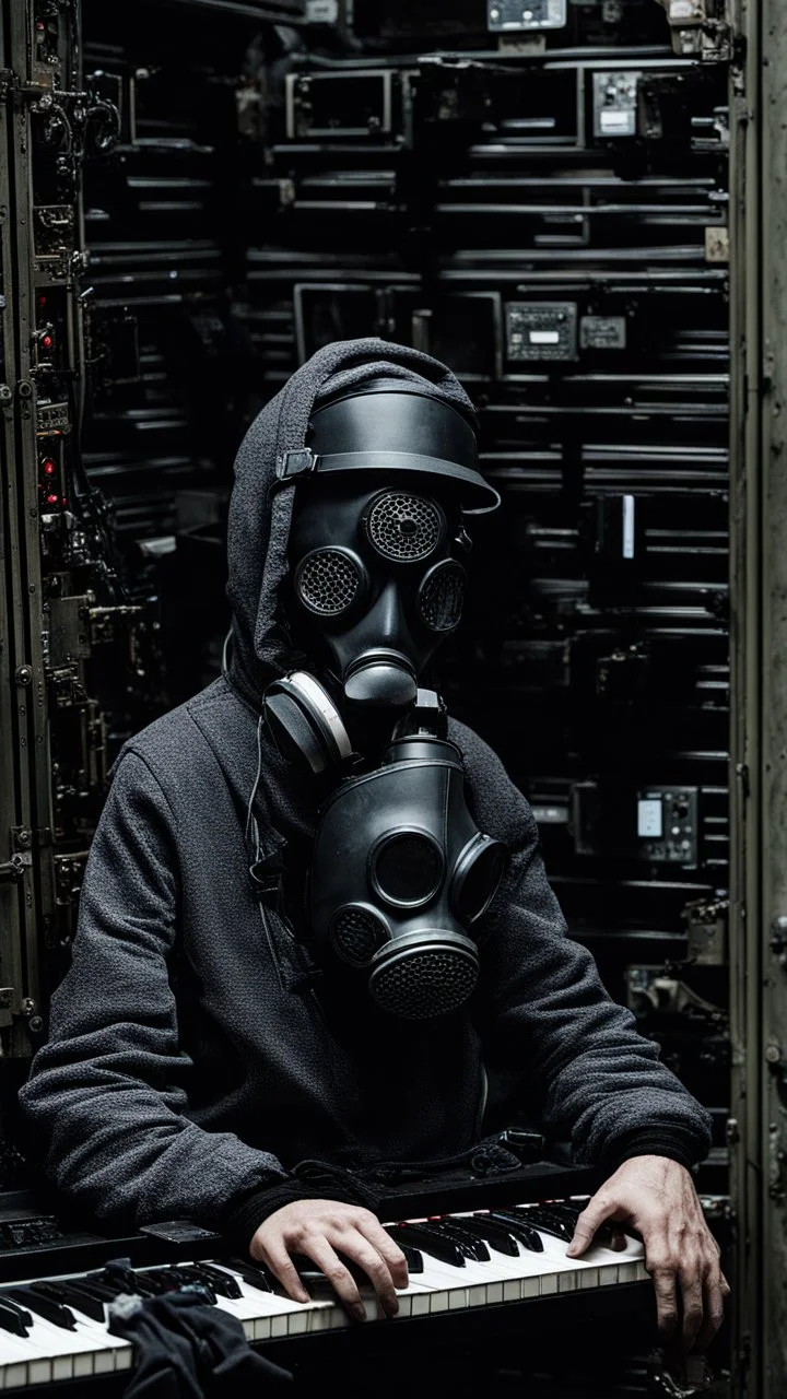 a person with a gas mask in an abandoned massive factory, playing with a modular synth piano