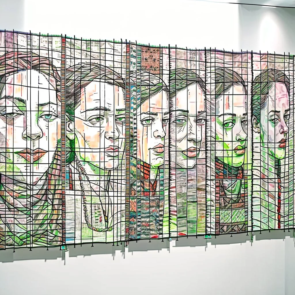 A Wide Panel in which 5-6 potraits are deveped with Wool threads tapestry artwork connected with each other through threads,