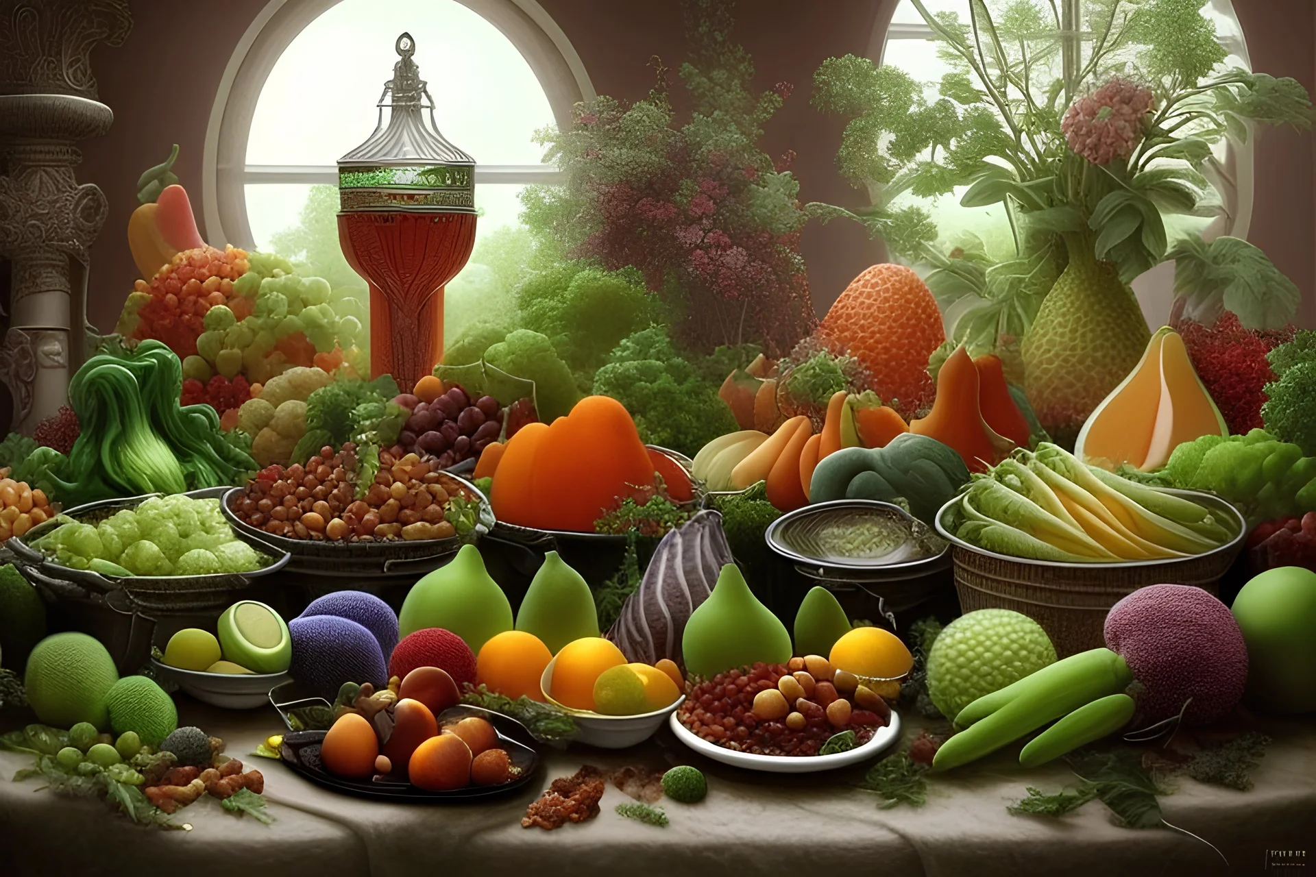 natura morta, fruits, vegetables, fishes, close to reality