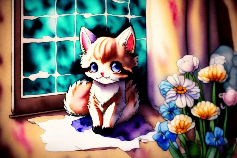 melting watercolor and black ink outlines on wet paper, shading colors, soft stokes, browned, faded, last century style photograph with knitted and embroidered cute chibi anime kitten watching tv in an elegant room, flowers, in sunshine, edges of image appear burnt, ethereal, cinematic postprocessing, bokeh, dof