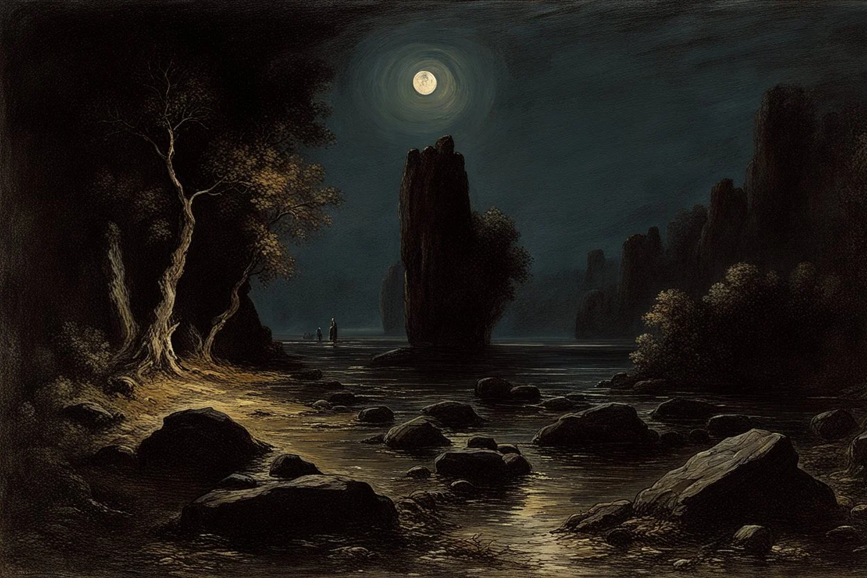 Night, rocks, trees, begginer's landscape, horror gothic movies influence, friedrich eckenfelder and willem maris impressionism paintings