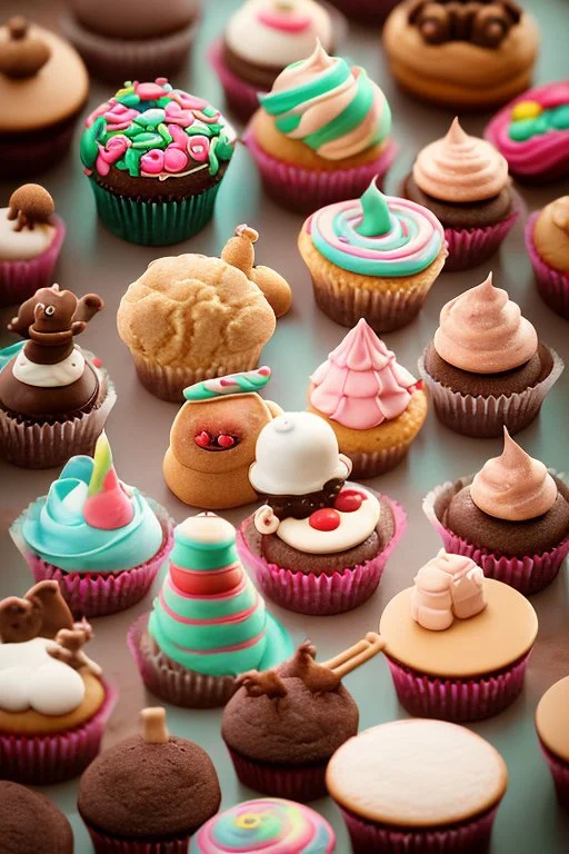 surrealistic image of toys baking and decorating delicious treats in a toy-sized bakery. You can have toy chefs decorating cupcakes, rolling out dough for cookies, and frosting cakes. Surround them with an assortment of mouth-watering pastries and candies.